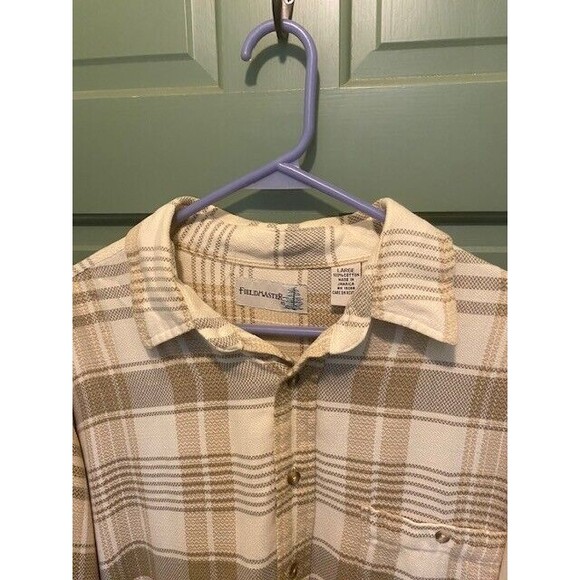 FieldMaster Men's Size L Beige Plaid Cotton Button-Up Long Sleeve Flannel Shirt - Picture 2 of 7